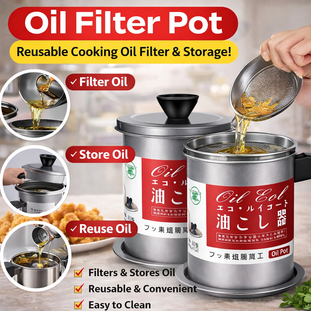 1.4L Oil Filter Pot with Strainer | Kitchen Cooking Oil Storage & Reusable Oil Container