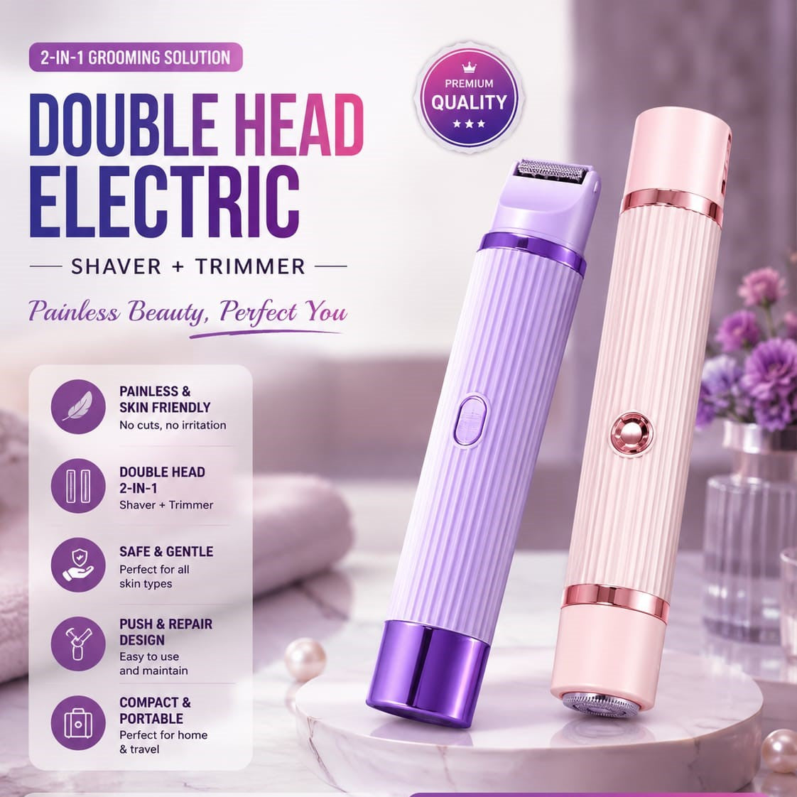 2-in-1 Women’s Electric Shaver & Bikini Trimmer | Dual-Head Wet & Dry Body Hair Remover