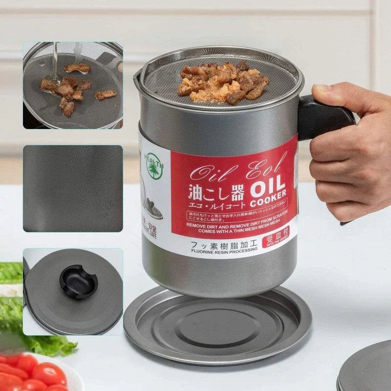 1.4L Oil Filter Pot with Strainer | Kitchen Cooking Oil Storage & Reusable Oil Container