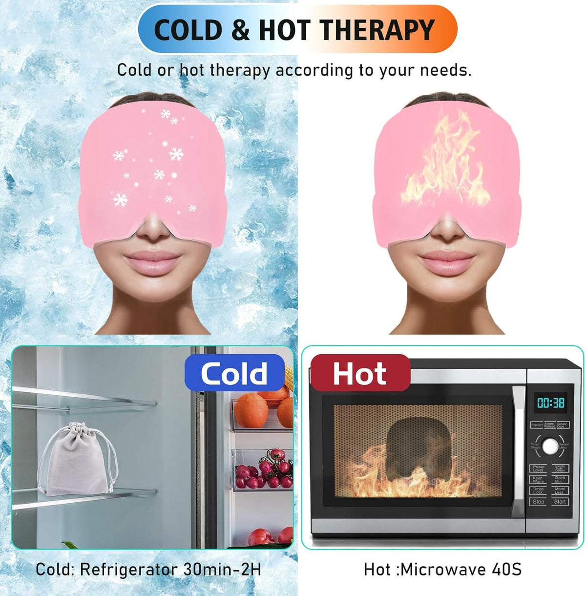 Cooling Headache Relief Cap with Reusable Ice Gel Pack | Hot & Cold Therapy Head Wrap