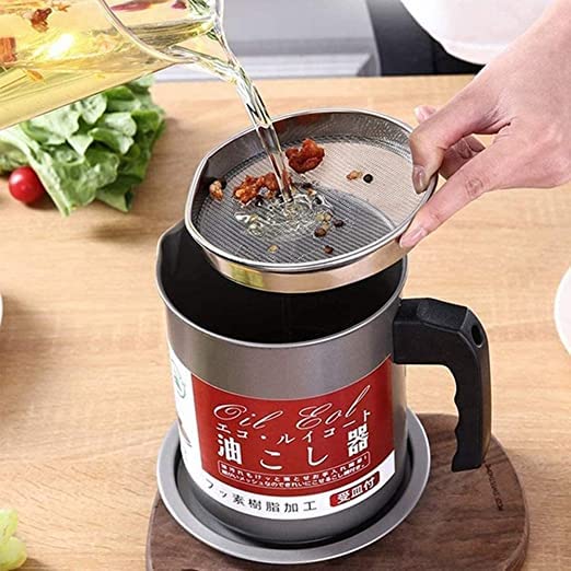 1.4L Oil Filter Pot with Strainer | Kitchen Cooking Oil Storage & Reusable Oil Container