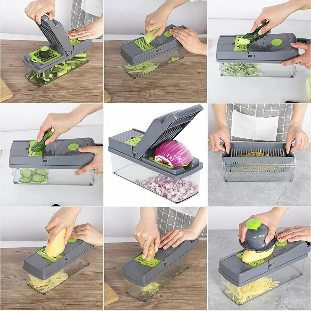 16-in-1 Multifunctional Vegetable Chopper & Slicer | Manual Food Cutter with Colander & Storage Container