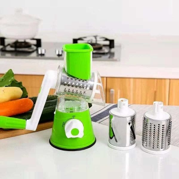 3-in-1 Manual Vegetable Cutter & Grater | Hand Crank Drum Slicer with 3 Interchangeable Stainless Steel Blades