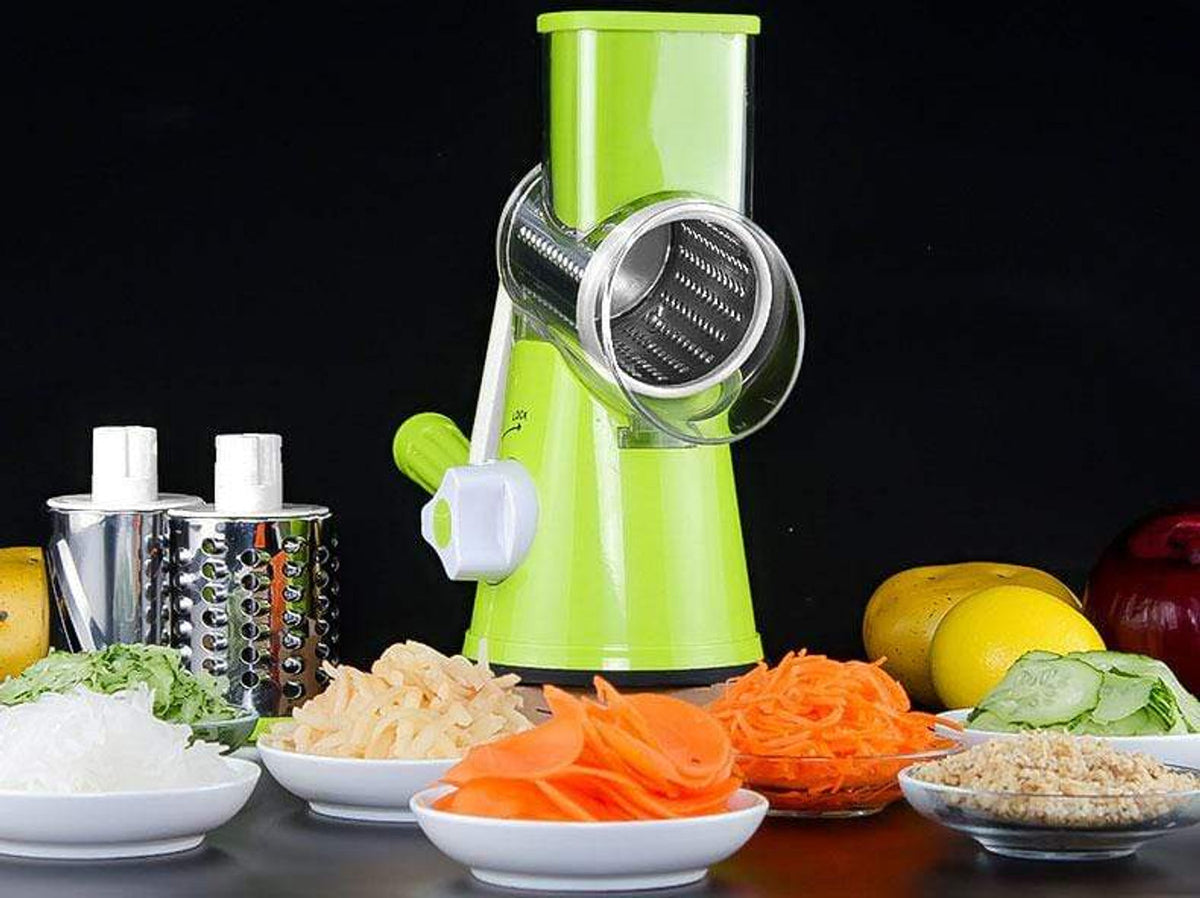 3-in-1 Manual Vegetable Cutter & Grater | Hand Crank Drum Slicer with 3 Interchangeable Stainless Steel Blades